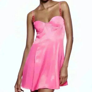 Zara NWT Pink Satin V-Neck Corsetry Inspired Mini Dress Size S